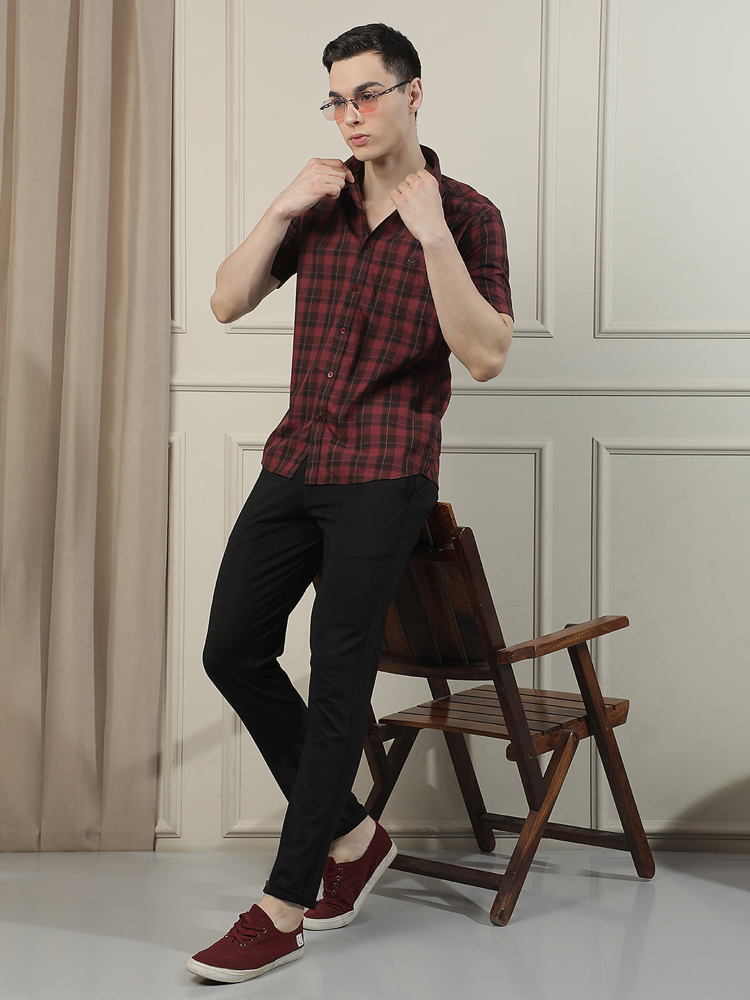 Maroon Checked 100% Cotton Shirt-Men Shirts-Crimsoune Club