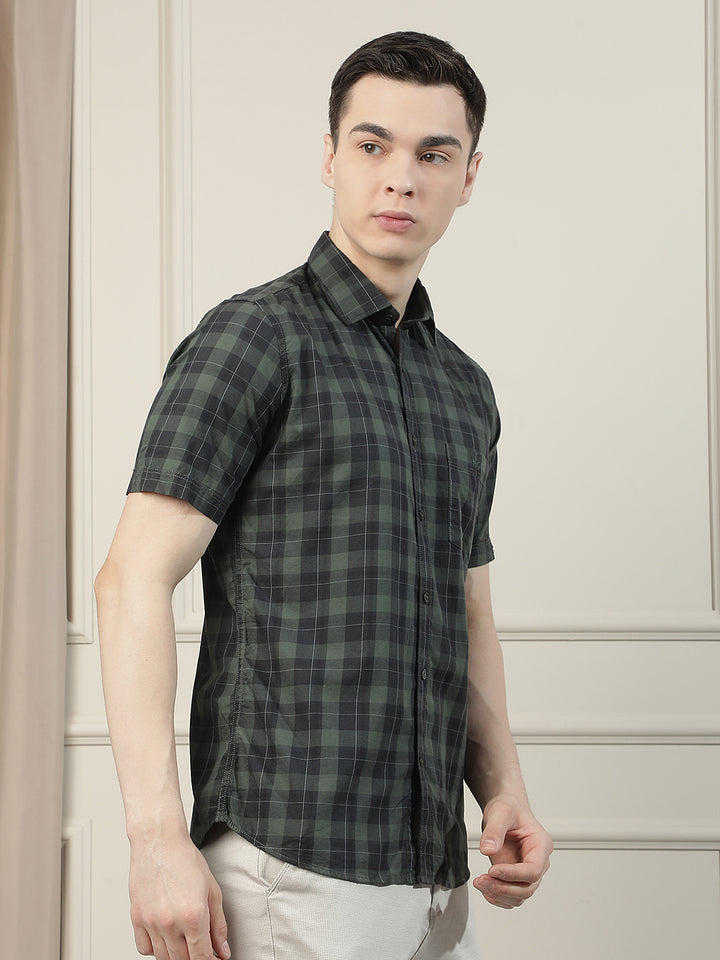 Green Checked 100% Cotton Shirt-Men Shirts-Crimsoune Club