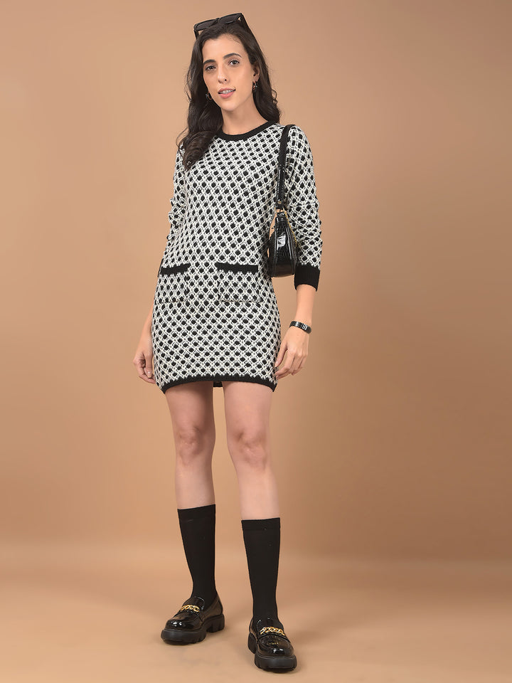 Grey Jacquard Mini-Length Knitted Dress-Women Dresses-Crimsoune Club