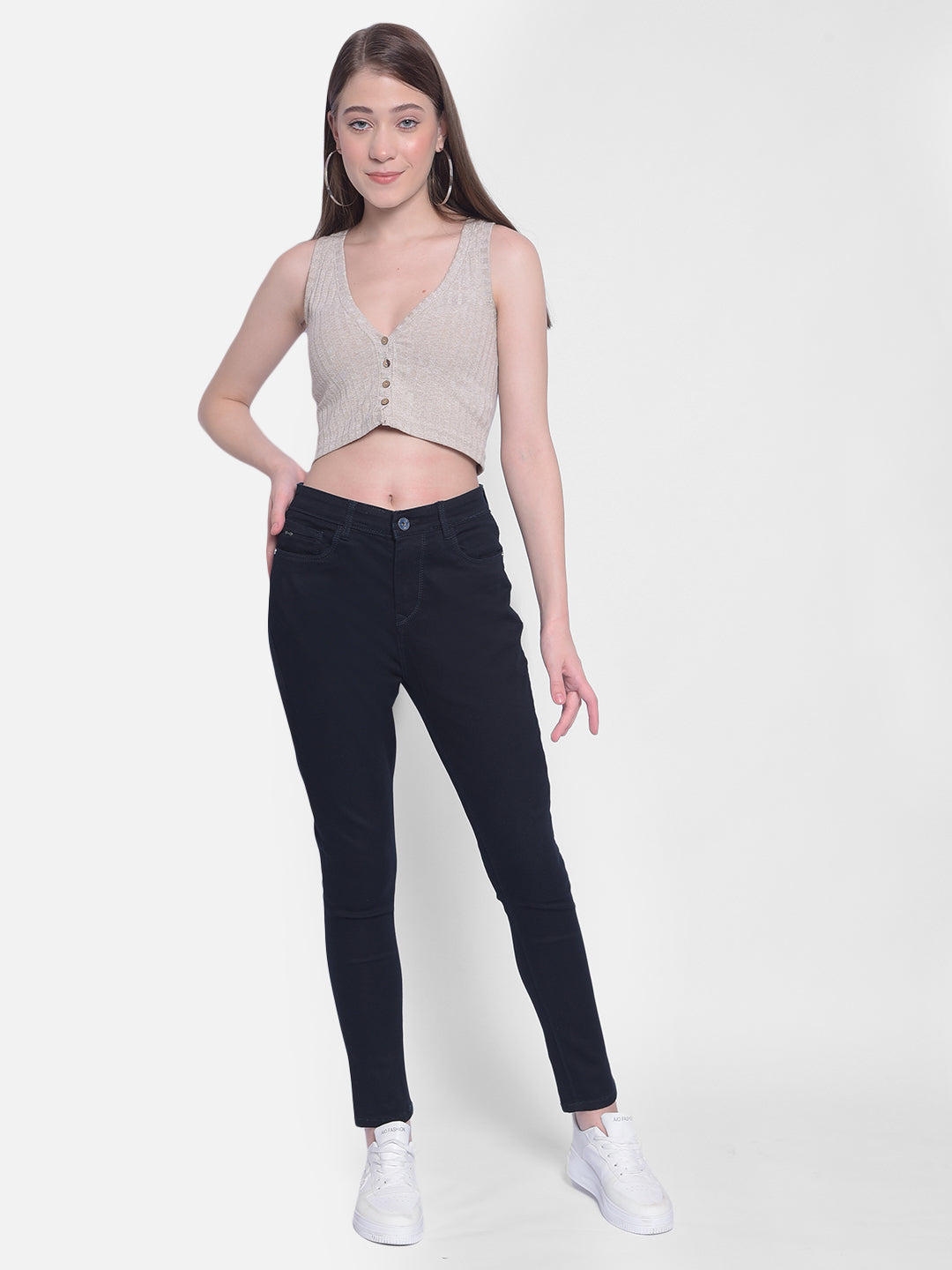 Navy Blue High Waist Jeans-Women Jeans-Crimsoune Club