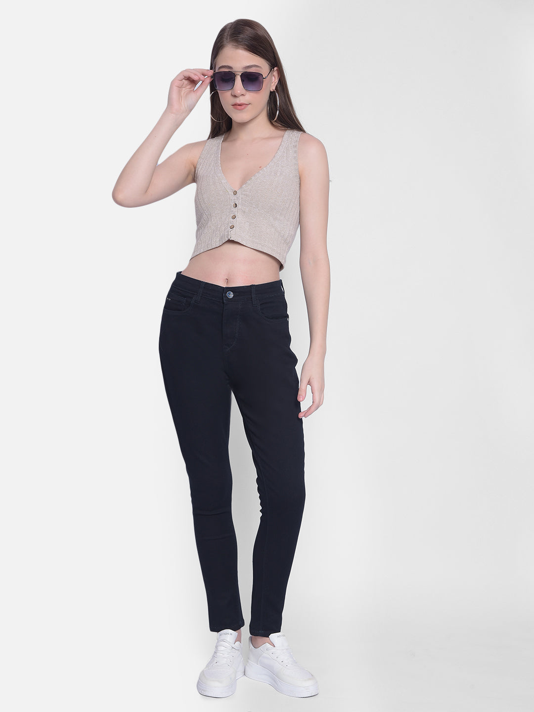 Navy Blue High Waist Jeans-Women Jeans-Crimsoune Club