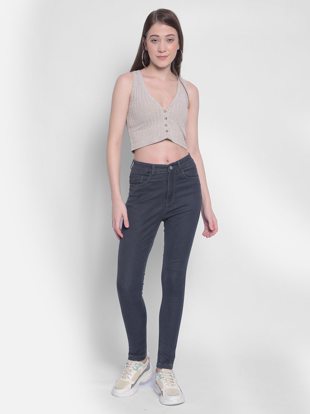 Grey High Waist Jeans-Women Jeans-Crimsoune Club