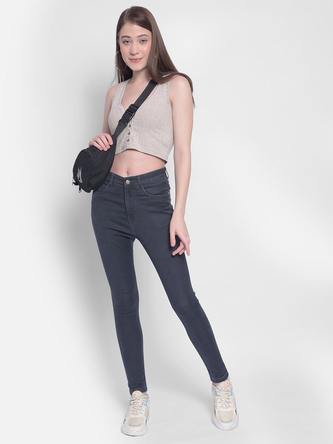 Grey High Waist Jeans-Women Jeans-Crimsoune Club