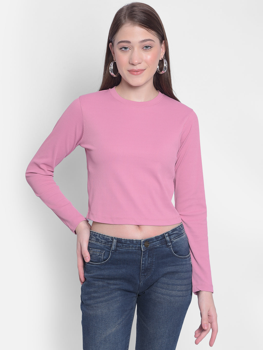 Pink Crop Length Long Sleeved T-Shirt-Women T-shirts-Crimsoune Club