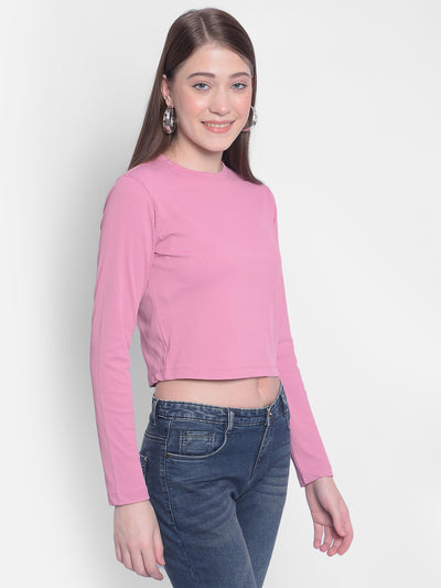 Pink Crop Length Long Sleeved T-Shirt-Women T-shirts-Crimsoune Club