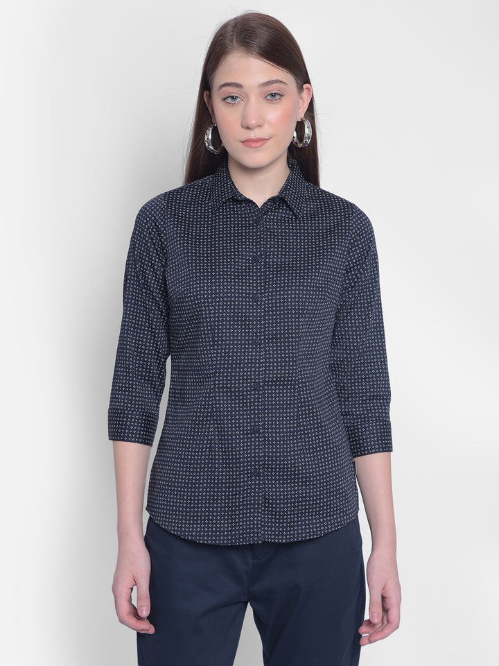 Navy Blue Printed Shirt-Women Shirts-Crimsoune Club