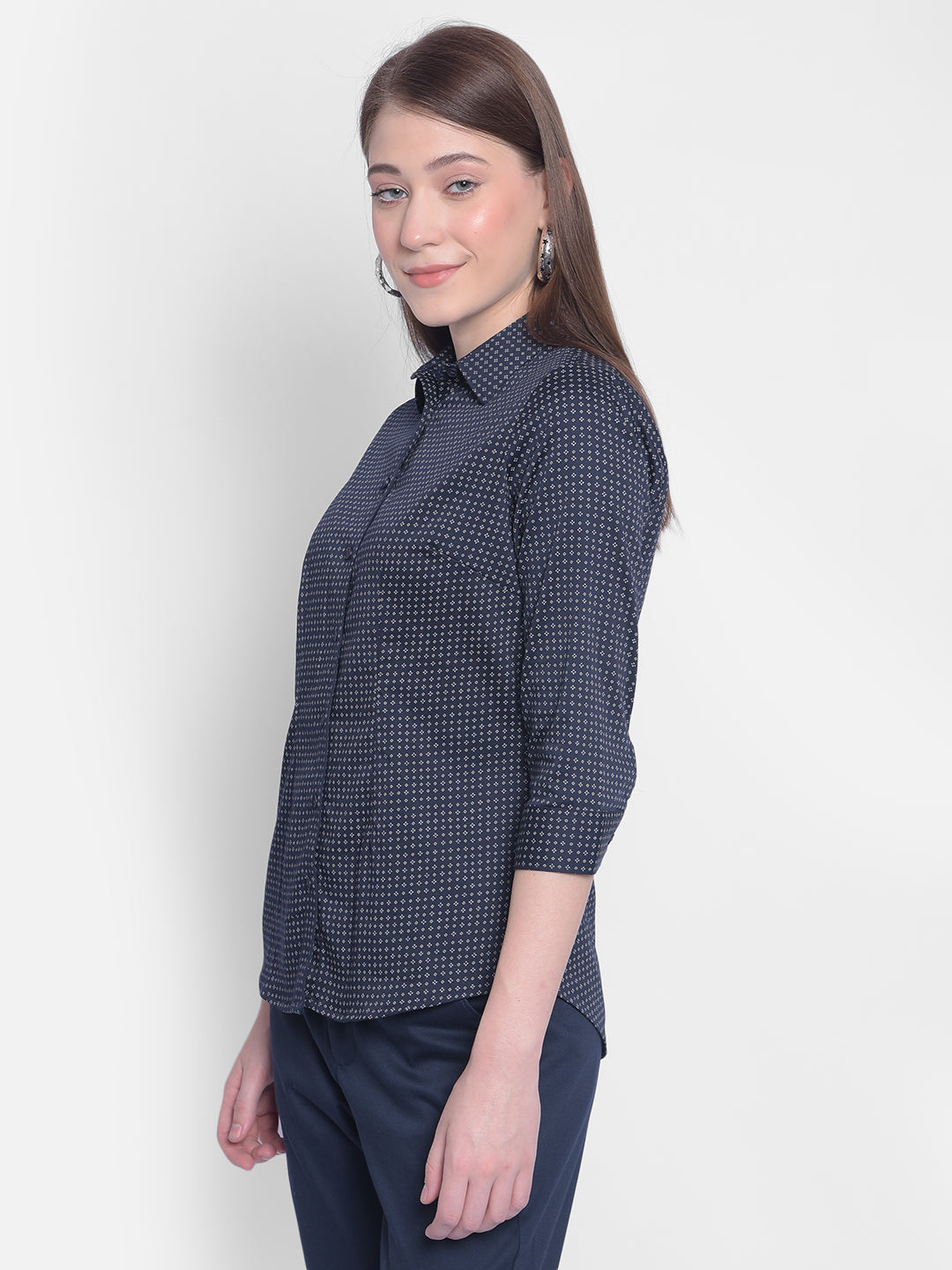 Navy Blue Printed Shirt-Women Shirts-Crimsoune Club