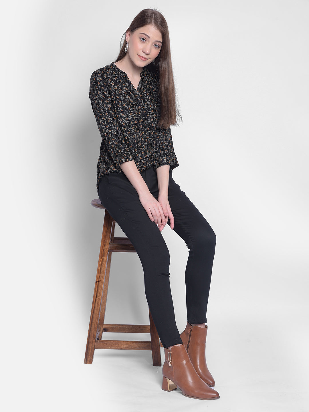 Black Printed Top-Women Tops-Crimsoune Club