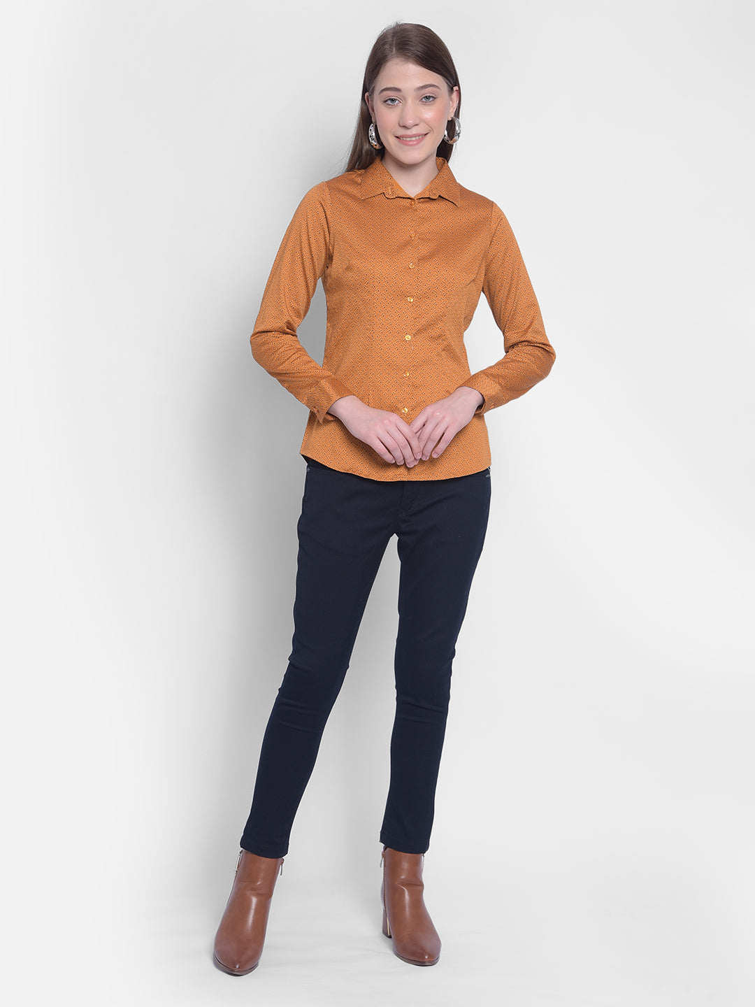 Mustard Printed Shirt-Women Shirts-Crimsoune Club