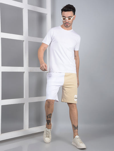 Men's Beige Color-Blocked 100% Cotton Shorts-Men Shorts-Crimsoune Club