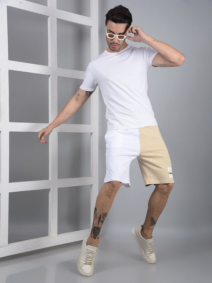 Men's Beige Color-Blocked 100% Cotton Shorts-Men Shorts-Crimsoune Club