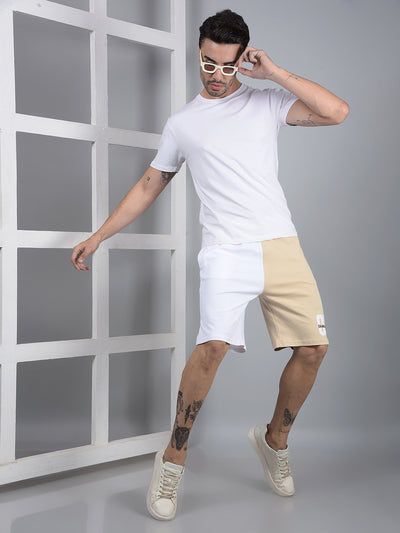 Men's Beige Color-Blocked 100% Cotton Shorts-Men Shorts-Crimsoune Club