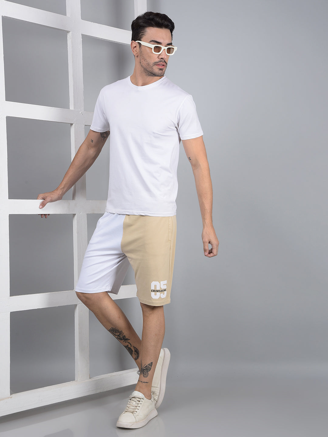Men's Beige Color-Blocked 100% Cotton Shorts-Men Shorts-Crimsoune Club