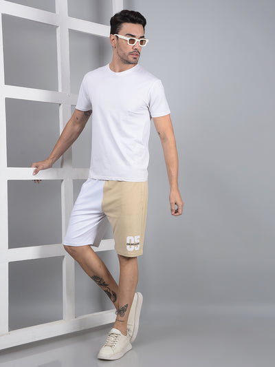 Men's Beige Color-Blocked 100% Cotton Shorts-Men Shorts-Crimsoune Club