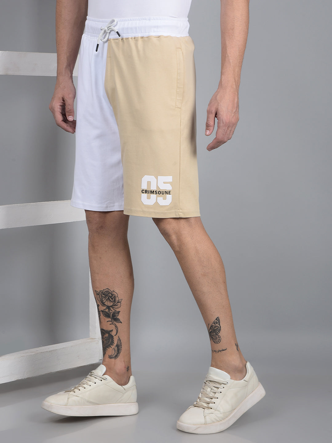 Men's Beige Color-Blocked 100% Cotton Shorts-Men Shorts-Crimsoune Club