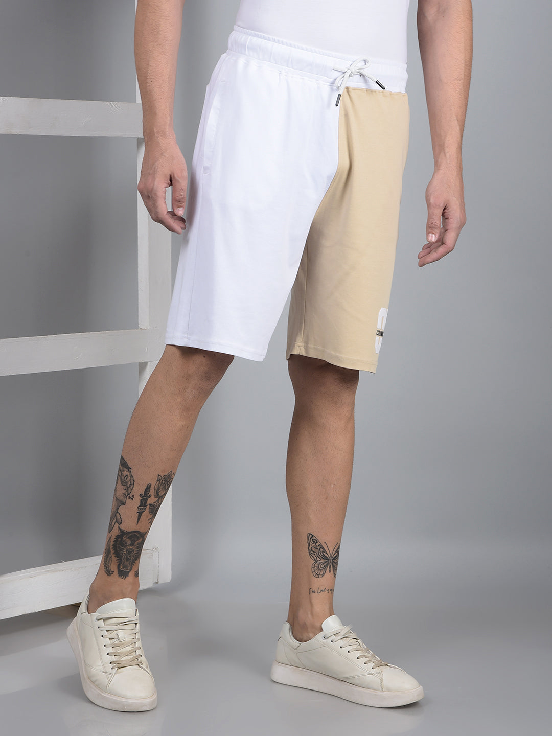 Men's Beige Color-Blocked 100% Cotton Shorts-Men Shorts-Crimsoune Club
