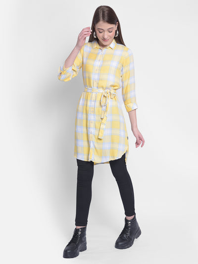 Yellow Checked Dress In Shirt Shape-Women Dresses-Crimsoune Club