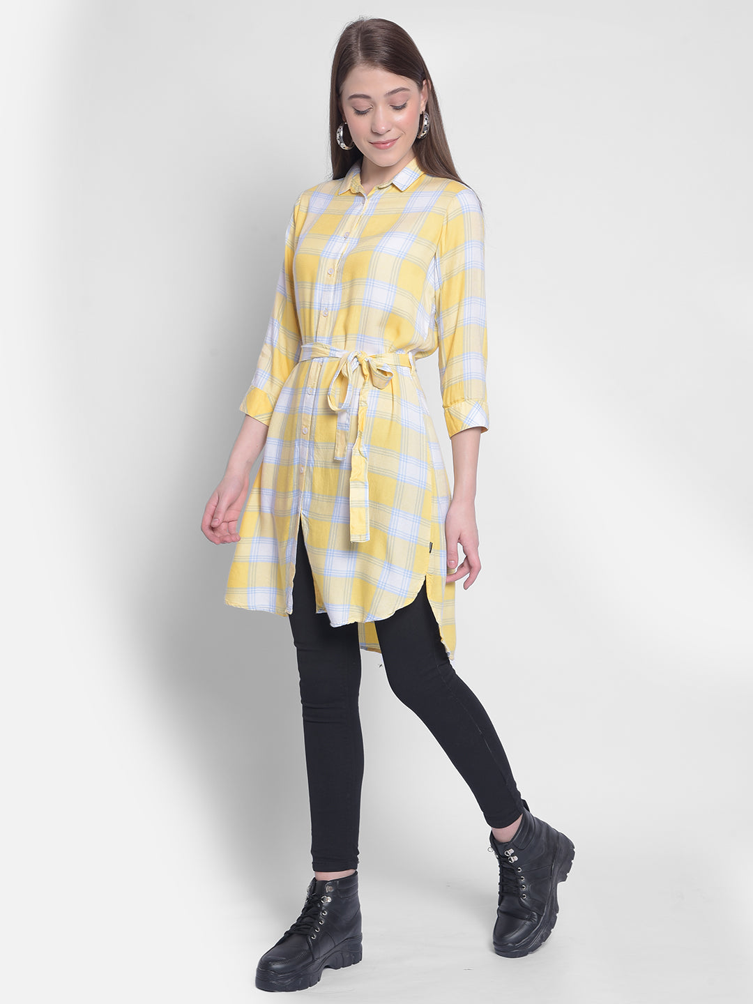 Yellow Checked Dress In Shirt Shape-Women Dresses-Crimsoune Club