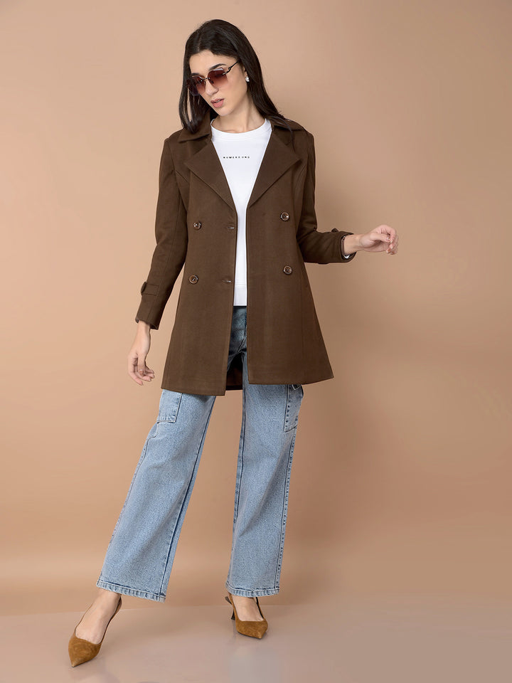 Brown Mid-Thigh Length Double-Breasted Overcoat-Women Coats-Crimsoune Club