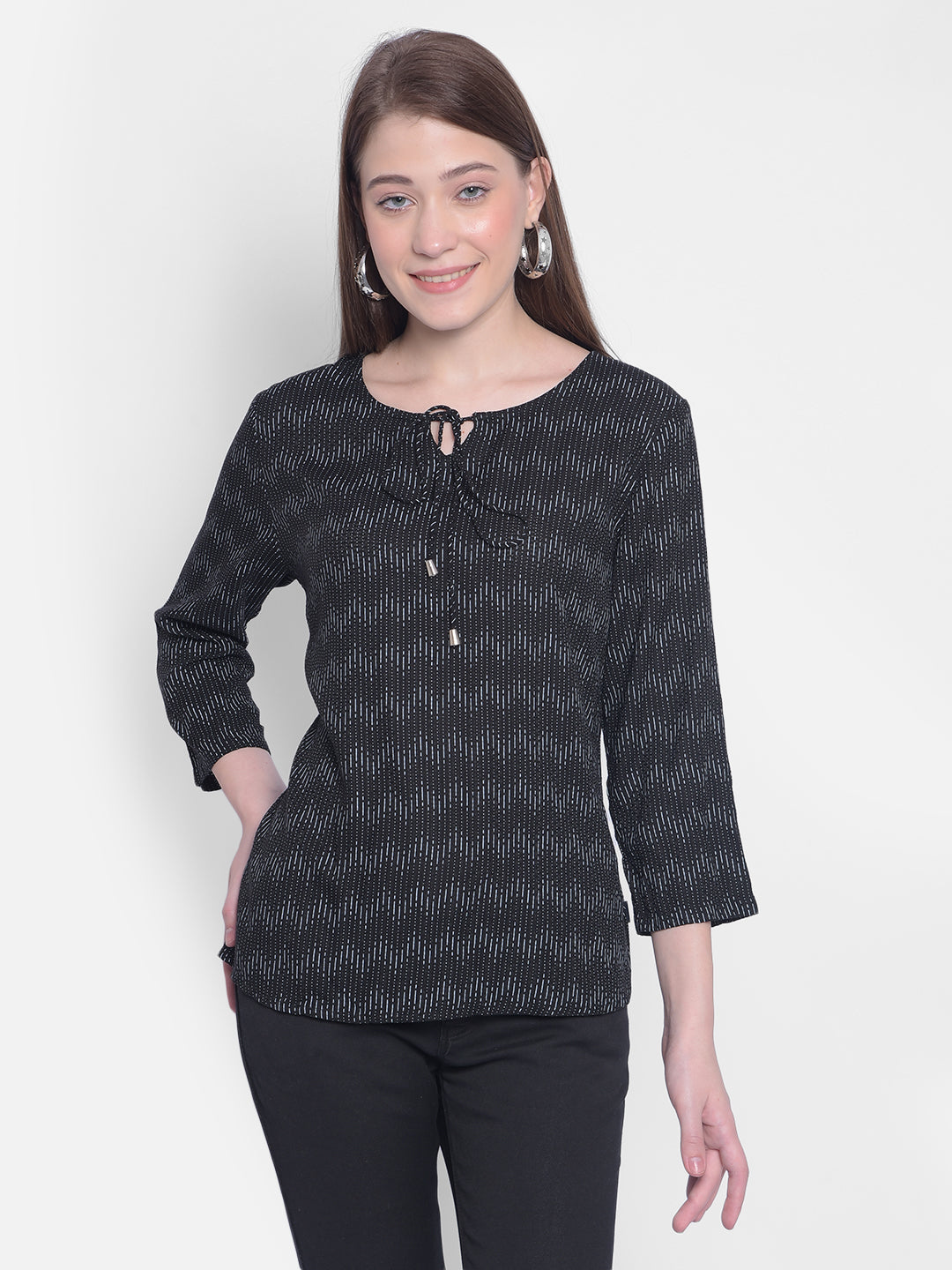 Black Tie-Up Neck Printed Top-Women Tops-Crimsoune Club