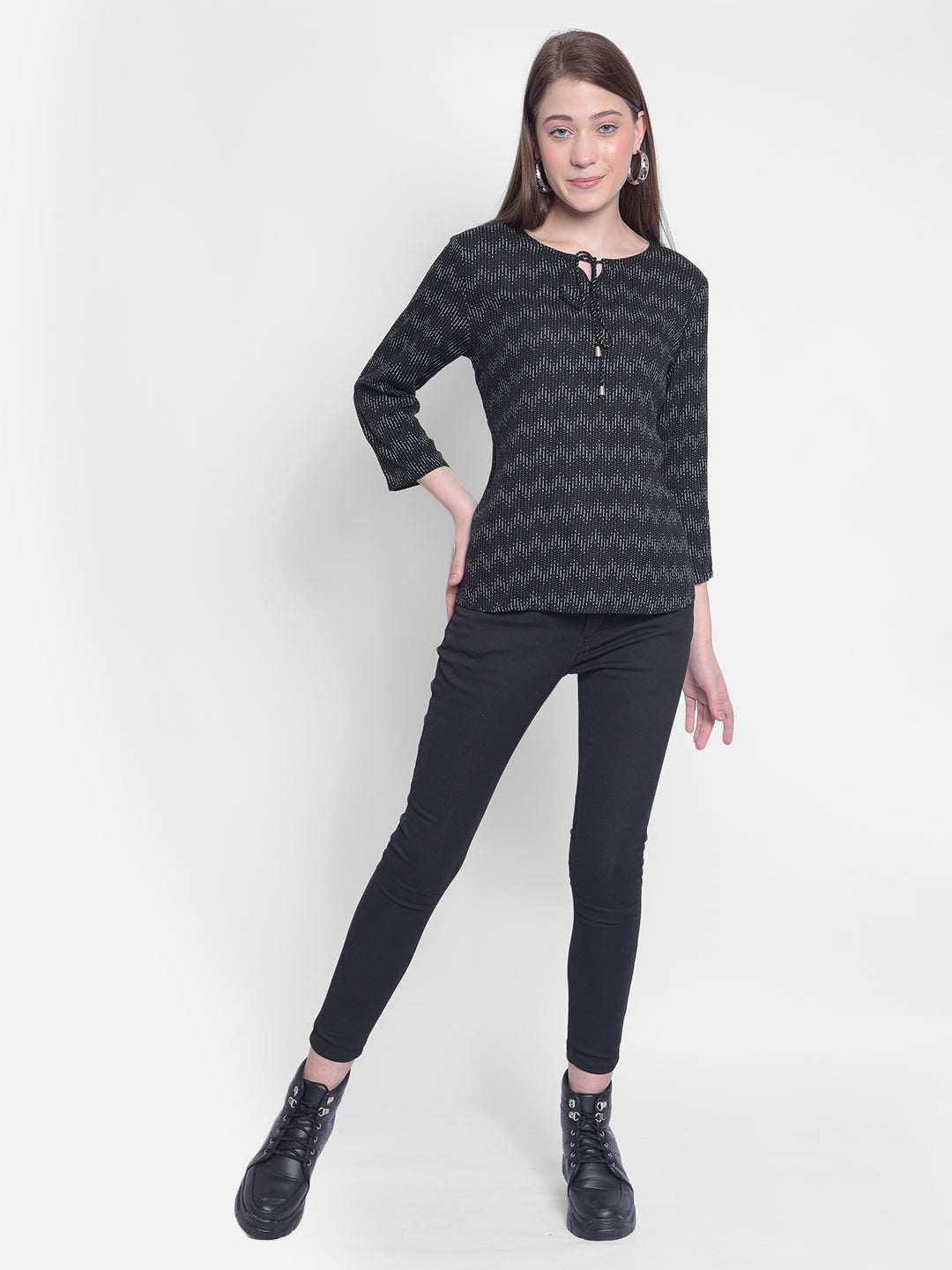 Black Tie-Up Neck Printed Top-Women Tops-Crimsoune Club