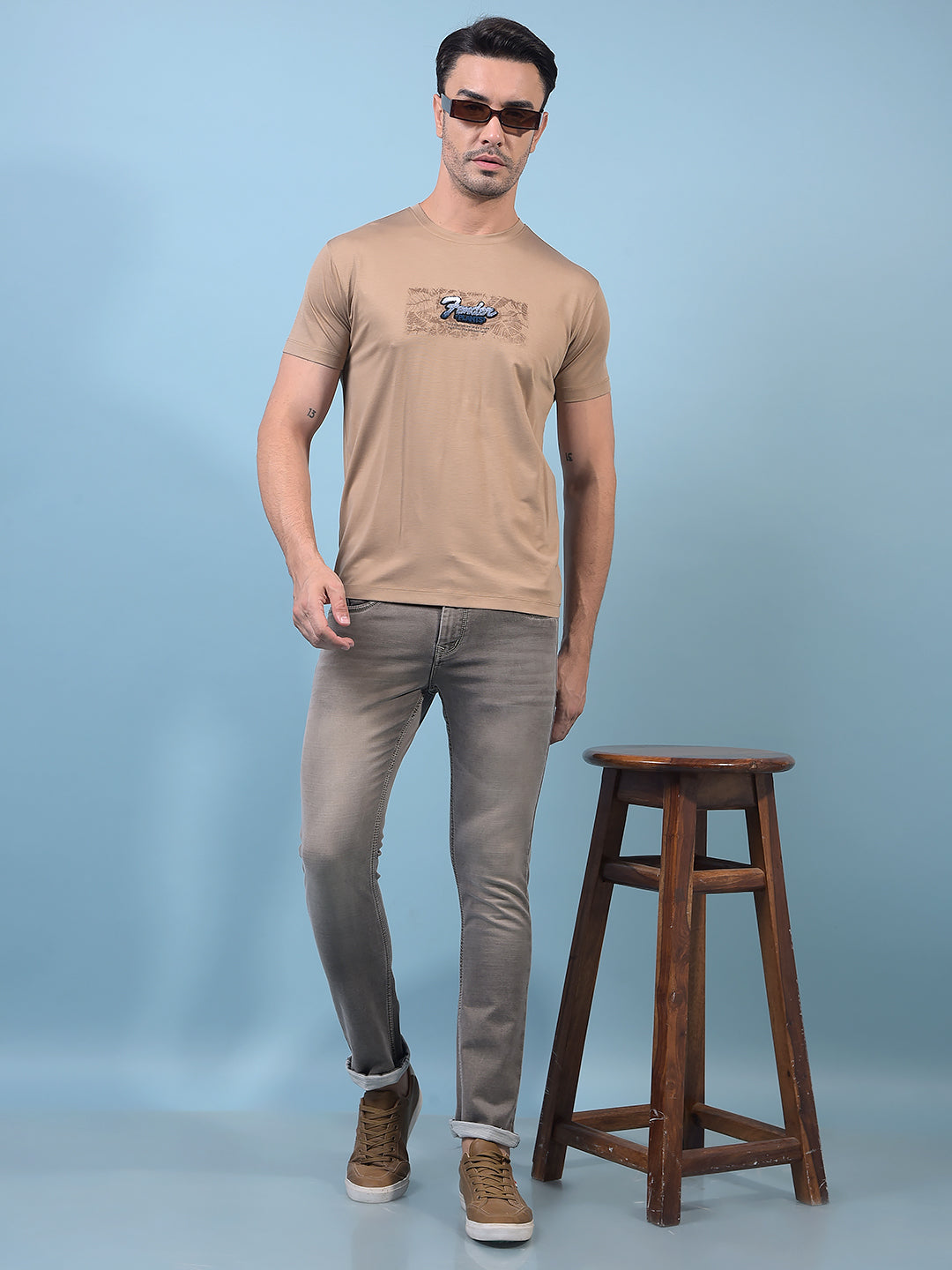 Beige Graphic Print T-Shirt-Men T-Shirts-Crimsoune Club
