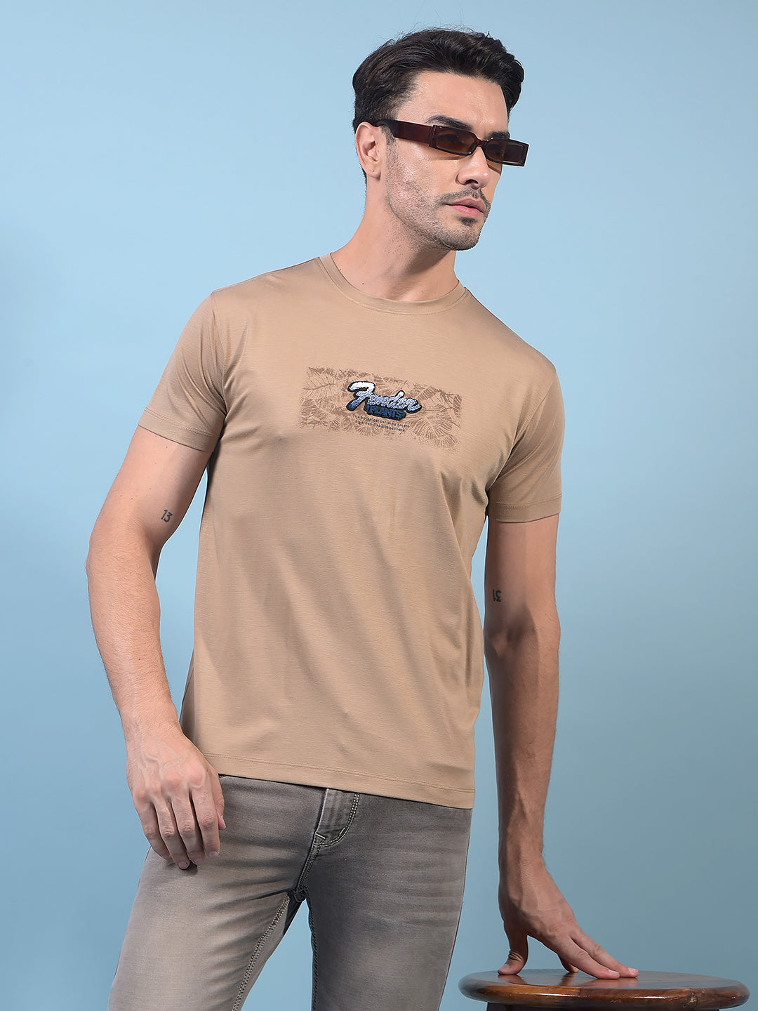 Beige Graphic Print T-Shirt-Men T-Shirts-Crimsoune Club