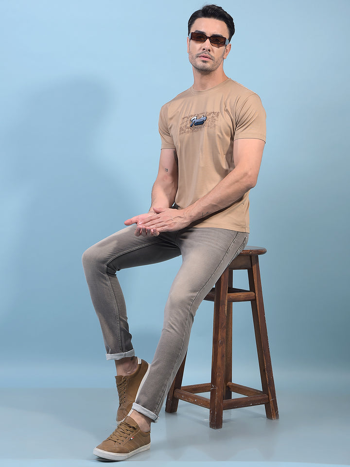 Beige Graphic Print T-Shirt-Men T-Shirts-Crimsoune Club