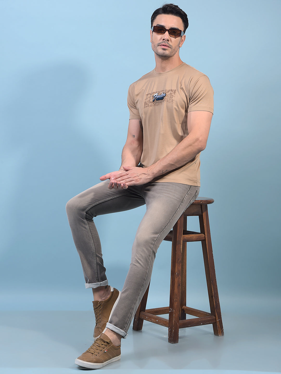 Beige Graphic Print T-Shirt-Men T-Shirts-Crimsoune Club