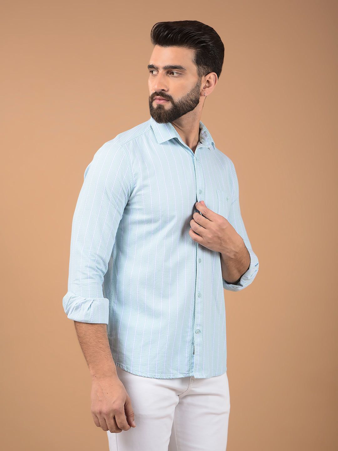 Green Vertical Stripes 100% Cotton Shirt-Men Shirts-Crimsoune Club