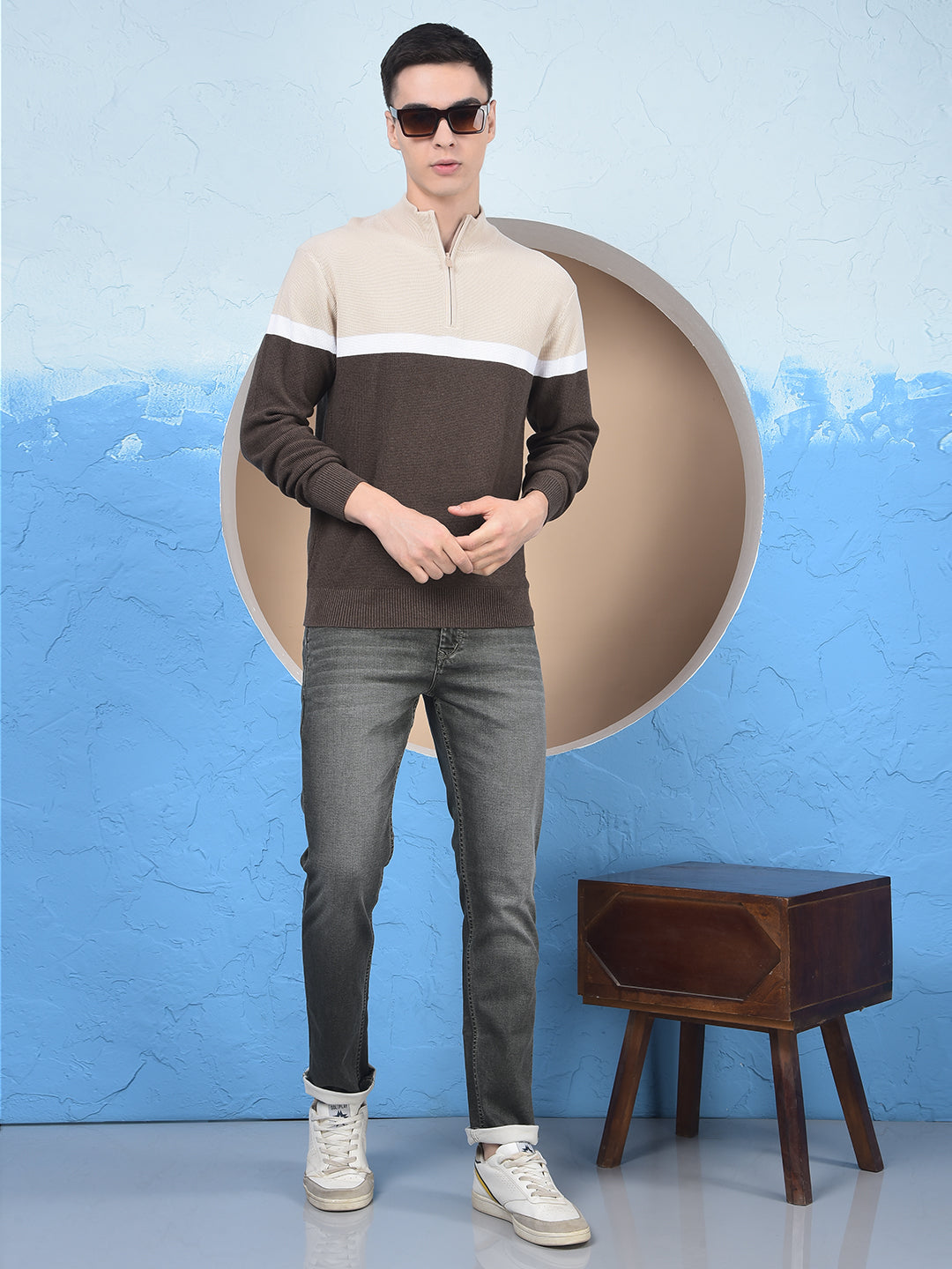 Beige Color-Block 100% Cotton Knitted Sweater-Men Sweaters-Crimsoune Club