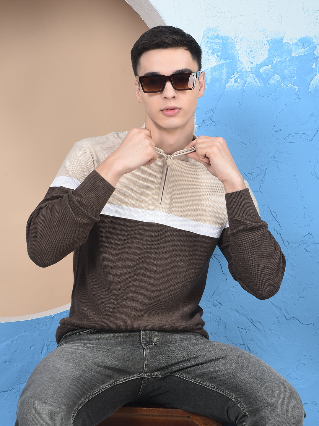 Beige Color-Block 100% Cotton Knitted Sweater-Men Sweaters-Crimsoune Club