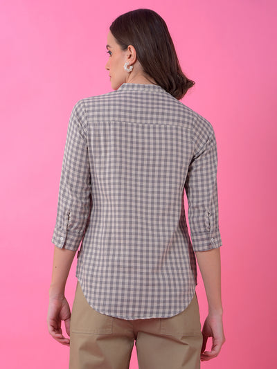 Grey Checked 100% Cotton V-Neck Shirt-Women Shirts-Crimsoune Club