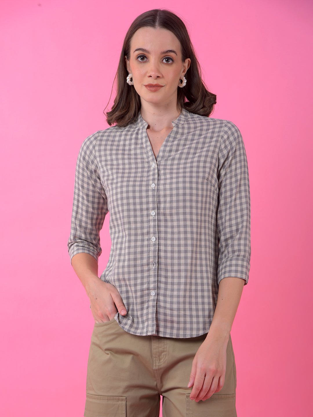 Grey Checked 100% Cotton V-Neck Shirt-Women Shirts-Crimsoune Club