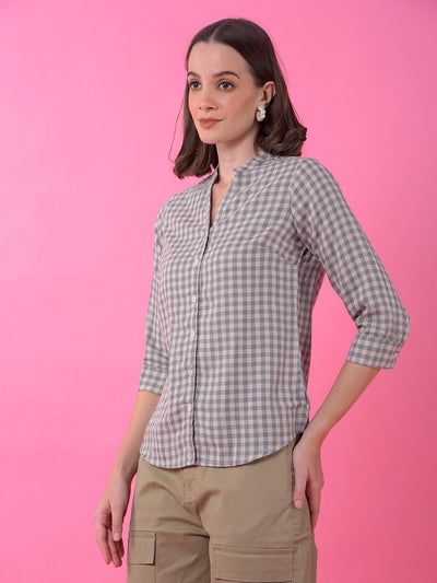 Grey Checked 100% Cotton V-Neck Shirt-Women Shirts-Crimsoune Club