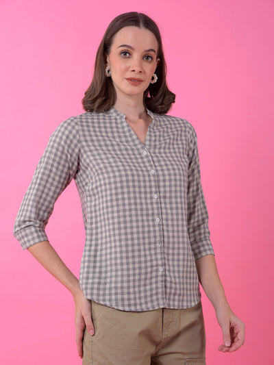 Grey Checked 100% Cotton V-Neck Shirt-Women Shirts-Crimsoune Club