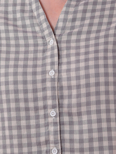 Grey Checked 100% Cotton V-Neck Shirt-Women Shirts-Crimsoune Club