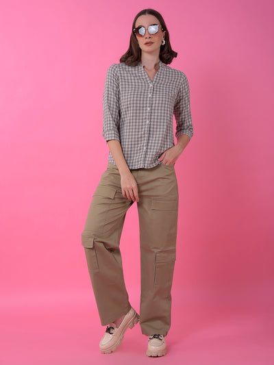 Grey Checked 100% Cotton V-Neck Shirt-Women Shirts-Crimsoune Club