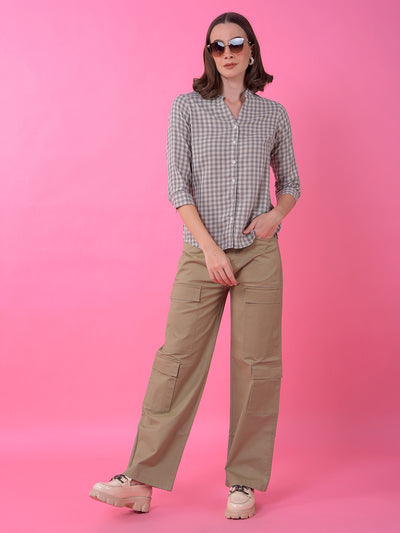 Grey Checked 100% Cotton V-Neck Shirt-Women Shirts-Crimsoune Club