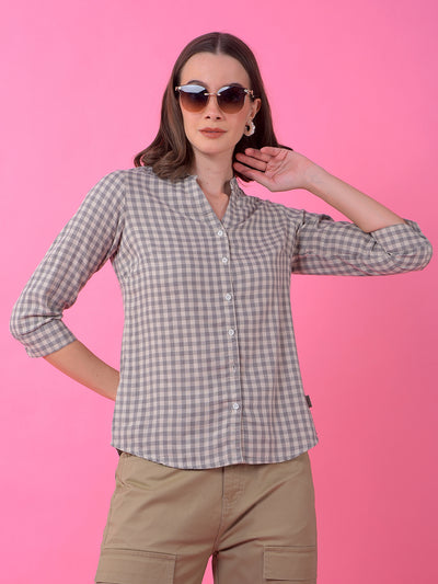 Grey Checked 100% Cotton V-Neck Shirt-Women Shirts-Crimsoune Club