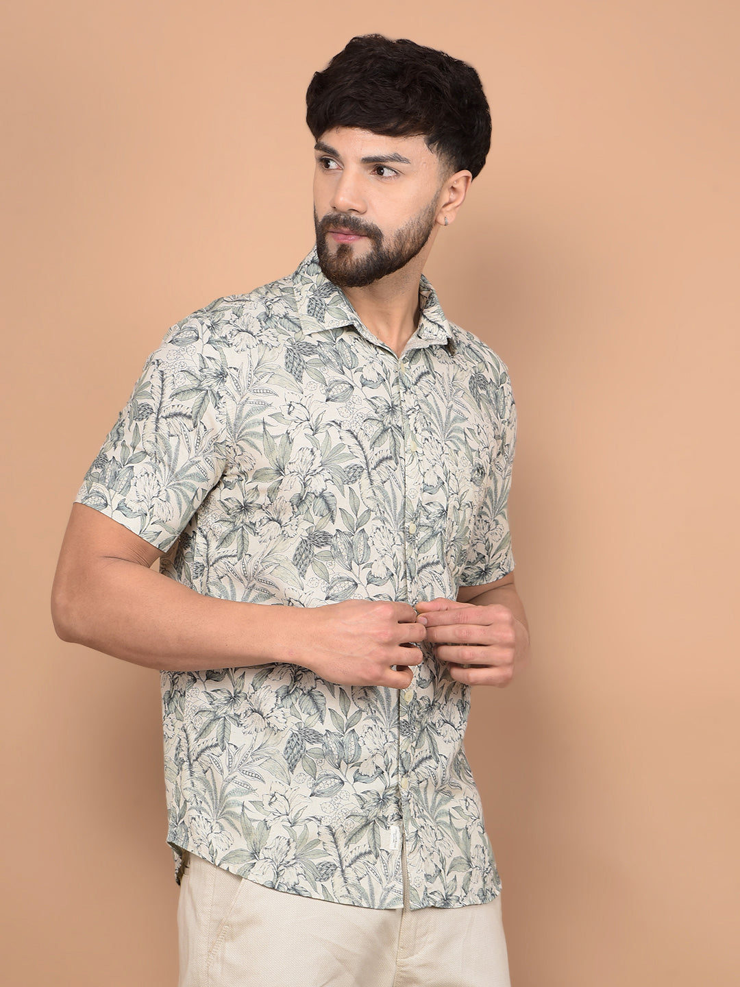 Green Floral Printed Linen Shirt-Men Shirts-Crimsoune Club