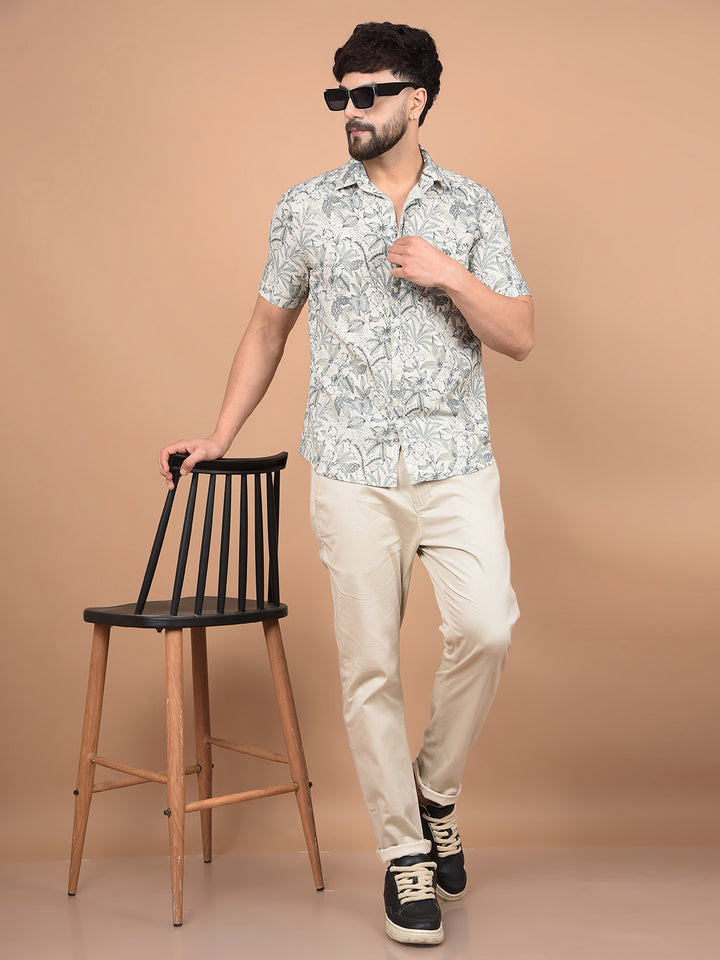 Green Floral Printed Linen Shirt-Men Shirts-Crimsoune Club