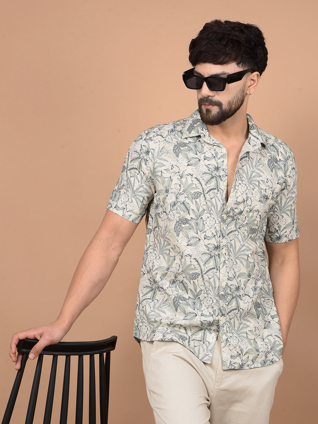 Green Floral Printed Linen Shirt-Men Shirts-Crimsoune Club