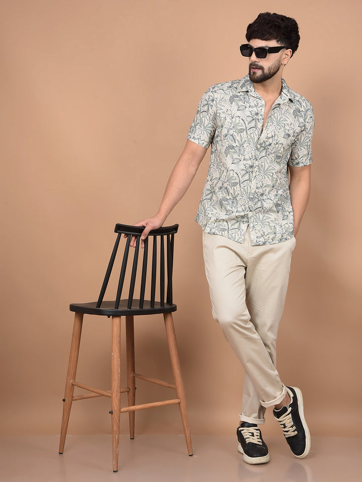 Green Floral Printed Linen Shirt-Men Shirts-Crimsoune Club