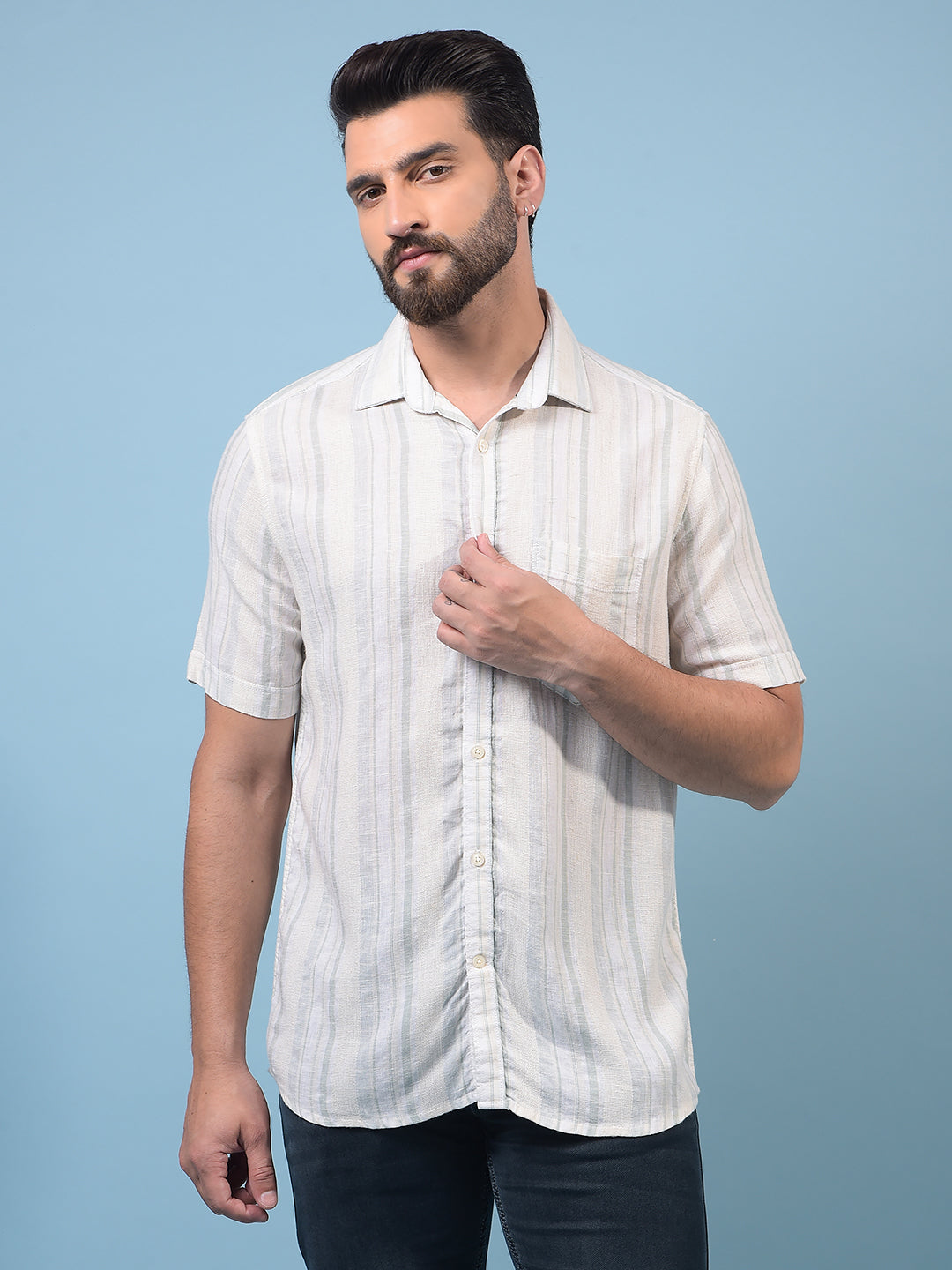 Green Vertical Stripes Linen Shirt-Men Shirts-Crimsoune Club