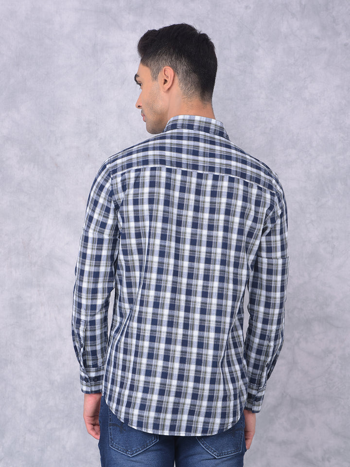 Navy Blue Checked 100% Cotton Shirt-Men Shirts-Crimsoune Club