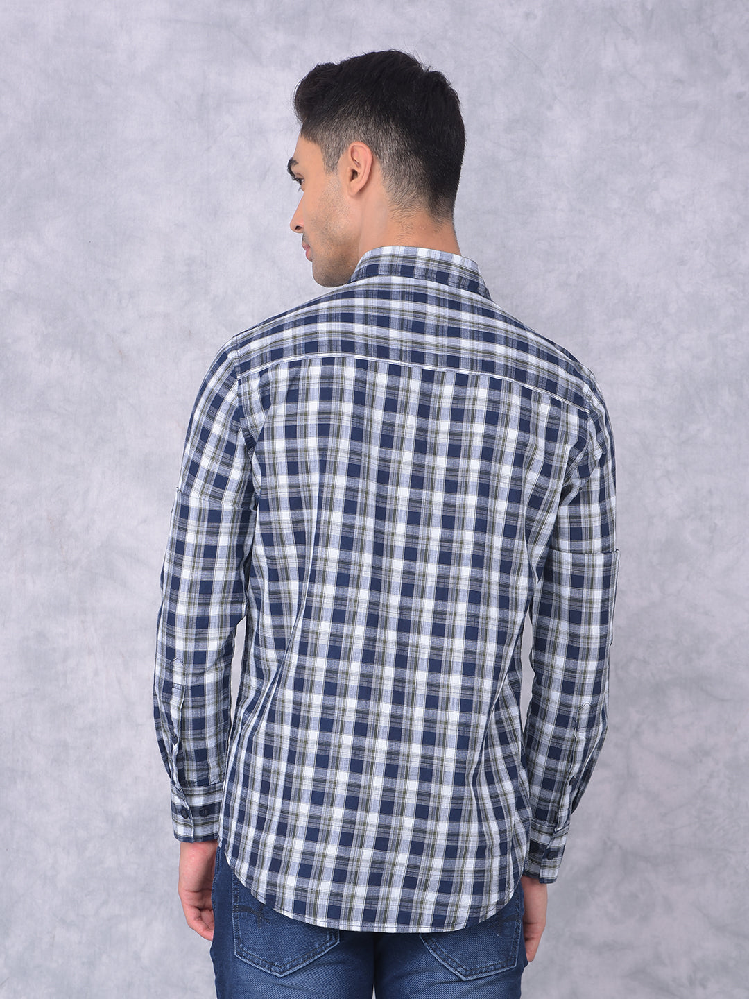 Navy Blue Checked 100% Cotton Shirt-Men Shirts-Crimsoune Club