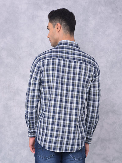 Navy Blue Checked 100% Cotton Shirt-Men Shirts-Crimsoune Club