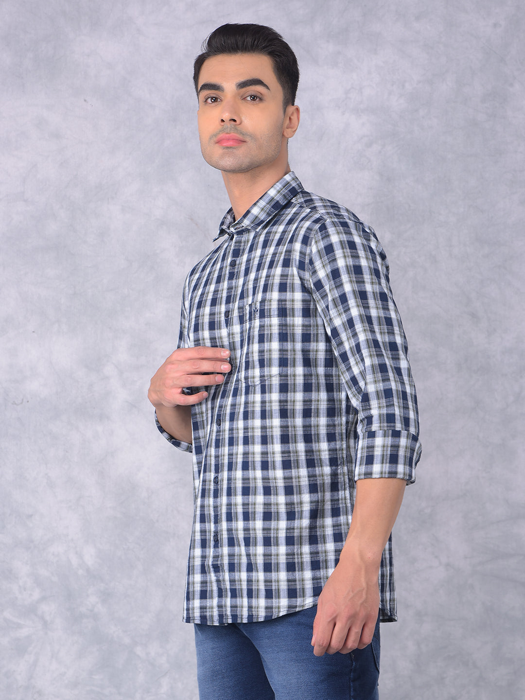 Navy Blue Checked 100% Cotton Shirt-Men Shirts-Crimsoune Club