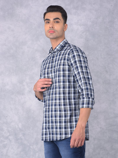 Navy Blue Checked 100% Cotton Shirt-Men Shirts-Crimsoune Club